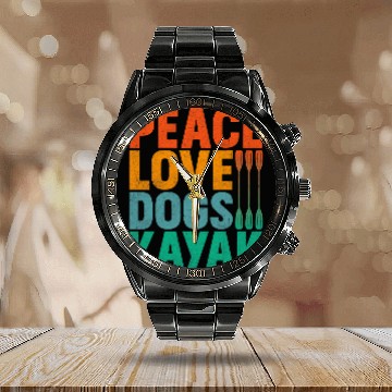 Discover Peace Love Dogs Kayak Paddle Rafting River Float Trip Zip Calendar Steel Band Watch