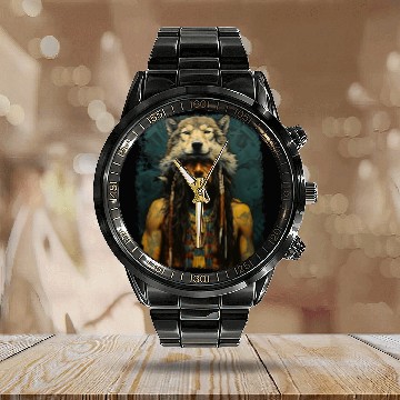 Discover wolfs Native American Man Calendar Steel Band Watch