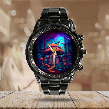 Discover Mushroom Magic Fantasy Shroom Art Calendar Steel Band Watch