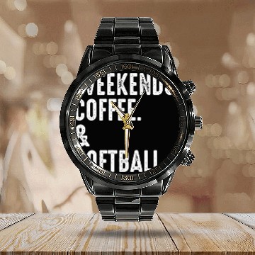 Discover Weekends Coffee And Softball Funny Softball Dad Mom Vintage Calendar Steel Band Watch