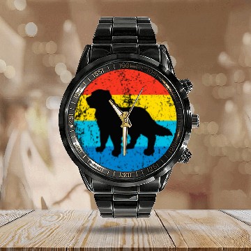 Discover Newfoundland Dog Breed Silhouette Retro 1970s Circle Calendar Steel Band Watch