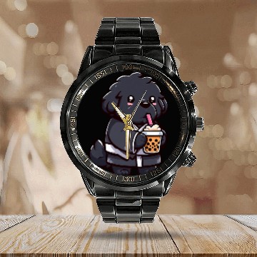 Discover Newfoundland Dog Bubble Tea Funny Boba Calendar Steel Band Watch