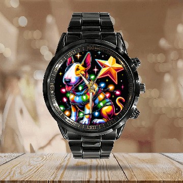 Discover xmass Bull Terrier Dog Tangled Christmas Lights Calendar Steel Band Watch