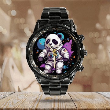Discover Panda Astronaut Floating Through Outer Space Pandas 2 Calendar Steel Band Watch