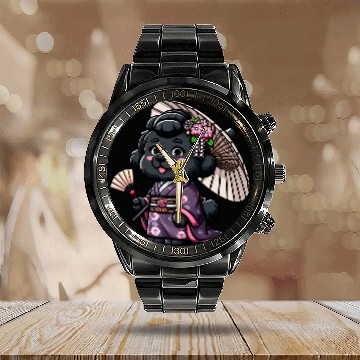 Discover Newfoundland Dog Kimono Funny Geisha Calendar Steel Band Watch