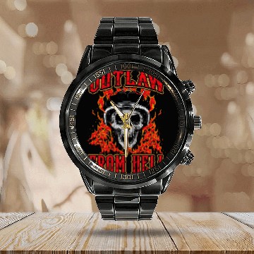 Discover Outlaw From Hell Skull Motorcycle Gift Biker Fires Flame Calendar Steel Band Watch