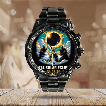 Discover Newfoundland Dog Howling At Solar Eclipse Calendar Steel Band Watch