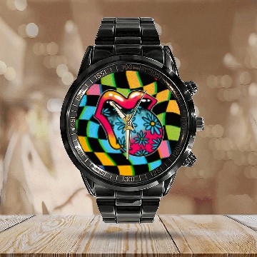 Discover Lips Glitchy Kidcore Checkerboard Retro Rainbow Whatever Y2K Calendar Steel Band Watch