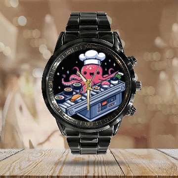 Discover Kawaii Octopuss Chef Serving Up Conveyor Belt Sushi Baseball Tees Calendar Steel Band Watch