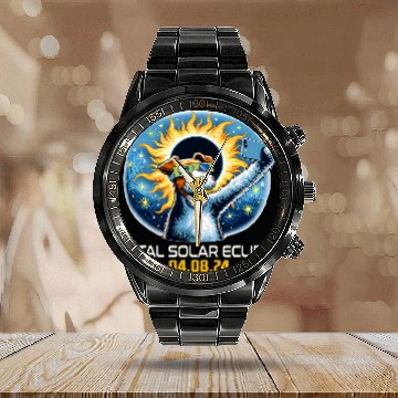 Discover Wire Fox Terrier Dog Taking Selfie Solar Eclipse 1 Zip Calendar Steel Band Watch
