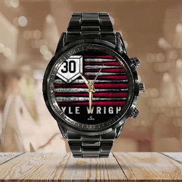 Discover vintages US Flag Baseball Stripes Kyle Wright Atlanta MLBPA Baseball Tees Calendar Steel Band Watch