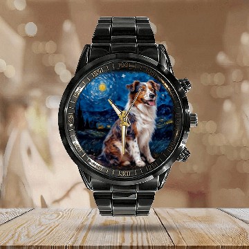 Discover Van gogh Australian Shepherd in starry night Baseball Tees Calendar Steel Band Watch