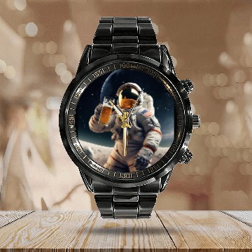 Discover Moon Astronaut Man On The Moon Spaceman drinking beer Baseball Tees Calendar Steel Band Watch