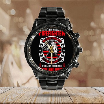 Discover US Firefighter Pride And Honor American Flag Fireman Calendar Steel Band Watch