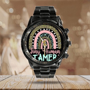 Discover Tiny Human Tamer Rainbow Childcare Worker Babysitter Teacher Calendar Steel Band Watch
