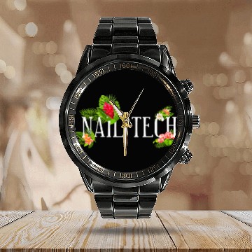 Discover Nail Tech Quote Work Uniform Flower Floral Tropical Zip Calendar Steel Band Watch