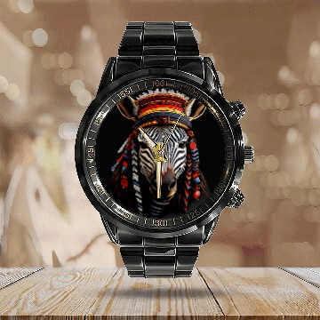 Discover Zebra Native American Indian Headdress Feather Tribal Arts Calendar Steel Band Watch