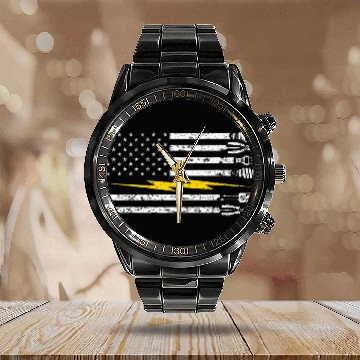 Discover USA Flag Electrician Voltage Lineman Circuit Cable Baseball Tees Calendar Steel Band Watch