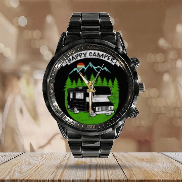 Discover Retro Sunset RV Happy Camper Camping Baseball Tees Calendar Steel Band Watch