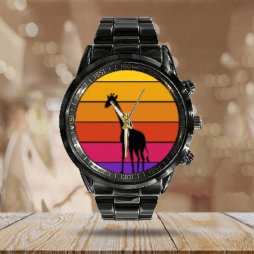 Discover Giraffe Retro Sunset Giraffe Zoo Worker Animal Calendar Steel Band Watch