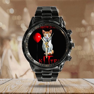 Discover We All MEOW Down Here Clown Cat Kitten Calendar Steel Band Watch