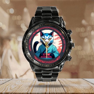 Discover Japanese Samurai Cat Kawaii Funny Anime Teacher Ninja Cat Baseball Tees Calendar Steel Band Watch