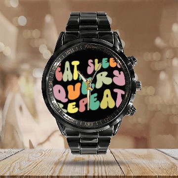 Discover Eat Sleep Query Repeat Computer Coding Database Retro Calendar Steel Band Watch