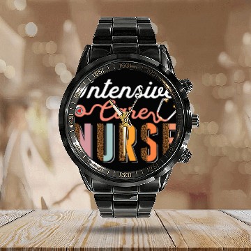 Discover Intensive Care nurses ICU Stethoscope Leopard Cheetah Print Calendar Steel Band Watch