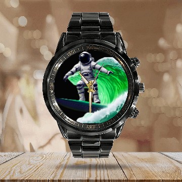 Discover Wave Surfer Astronaut Zip Calendar Steel Band Watch