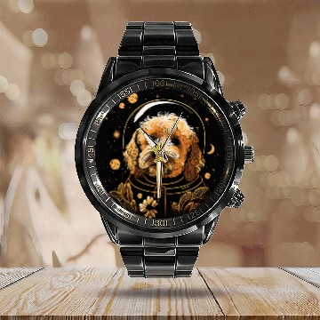 Discover Outer Space Goldendoodle on Galaxy Astronaut Golden Doodle Calendar Steel Band Watch