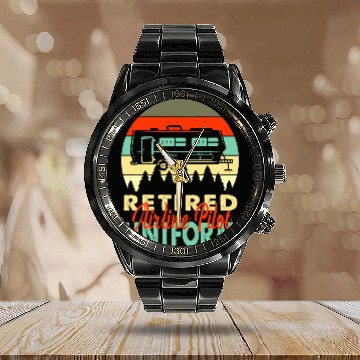 Discover Retired Airline Pilot Uniform Rv Camping Retirement Calendar Steel Band Watch