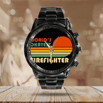 Discover Worlds Okayest Firefighter Funny Retro Calendar Steel Band Watch