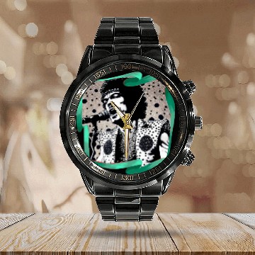 Discover Black and white singer on microphone 70s Calendar Steel Band Watch
