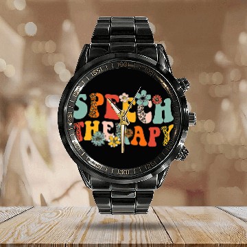 Discover Retro Groovy Speech Therapy Leopard SLP Speech Therapist Baseball Tees Calendar Steel Band Watch