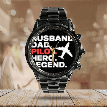 Discover Husband DAD Pilot HERO LEGEND Retro Pilot Present Calendar Steel Band Watch