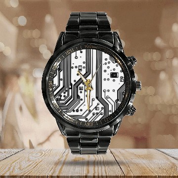 Discover Black Circuit Board Mother Board Computer Programmer Calendar Steel Band Watch