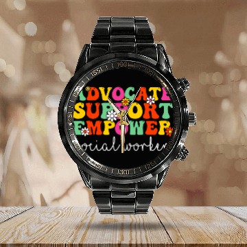 Discover Advocate Support Empower Groovy Social Worker Graduation MSW 11 Baseball Tees Calendar Steel Band Watch