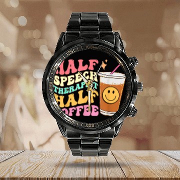 Discover Retro Groovy Half Speech Therapist Half Coffee SLP Therapy Baseball Tees Calendar Steel Band Watch