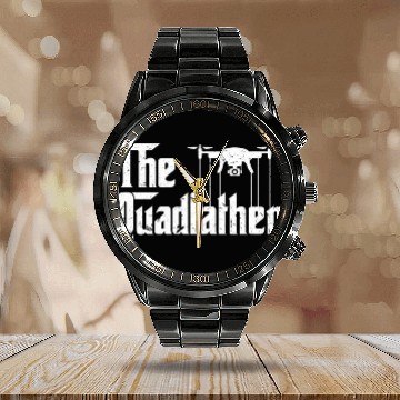 Discover The Quadfather Aviation RC Drone Operator Enthusiast Joke Calendar Steel Band Watch