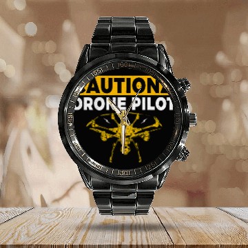 Discover Caution Drone Pilot Calendar Steel Band Watch