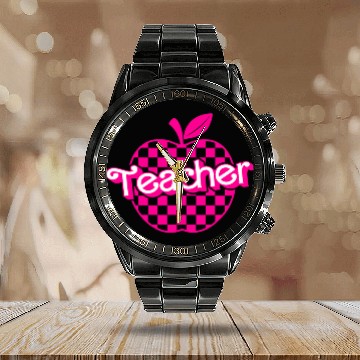 Discover Teacher Pink Checkered Apple funny Retro for Teacher Calendar Steel Band Watch