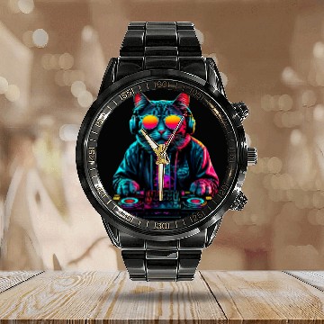 Discover Cat DJ Techno Turntable EDM Cat Electronic Dance Music Calendar Steel Band Watch