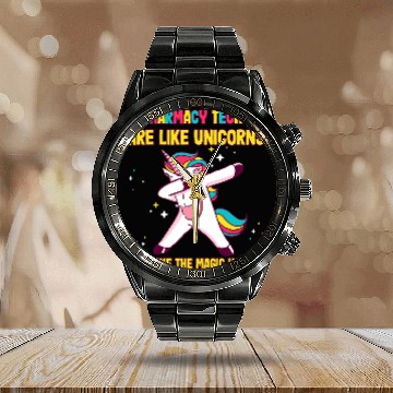 Discover Pharmacy Technician pharmacy school pharmtech Unicorns design Calendar Steel Band Watch