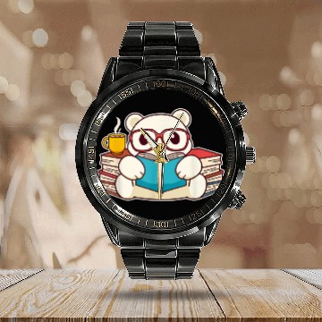 Discover Kawaii Polar Bear Reading Book Calendar Steel Band Watch