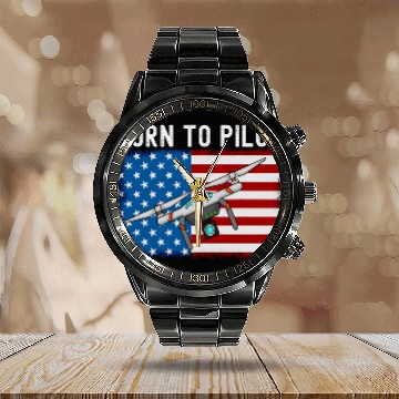 Discover Born To Pilot Drone American Flag Calendar Steel Band Watch