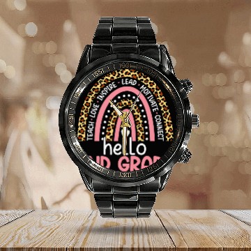Discover Hello 2nd Grade Team Second Grade Leopard Rainbow Teacher Baseball Tees Calendar Steel Band Watch