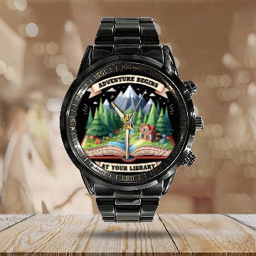 Discover Adventure Begins At Your Library Book Lover Camping Lovers Zip Calendar Steel Band Watch