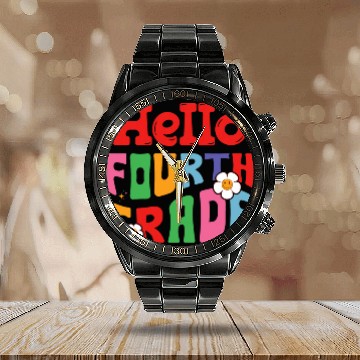 Discover Hello Fourth Grade Groovy Back to School Teacher Kids Baseball Tees Calendar Steel Band Watch