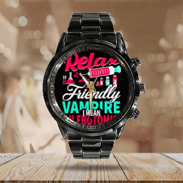 Discover Funny Phlebotomist Blood Technician nurses Friendly Vampire Calendar Steel Band Watch