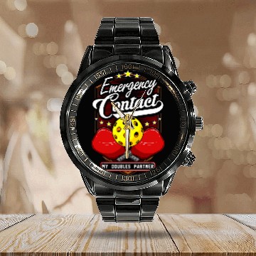 Discover Emergency Contact Doubles Partner Pickleball Player Funny 3 Baseball Tees Calendar Steel Band Watch